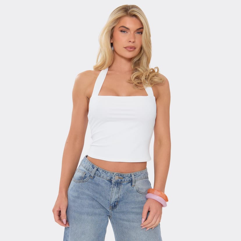 EGO Halterneck Top In White Soft Touch, Women's Size UK 6 - 1