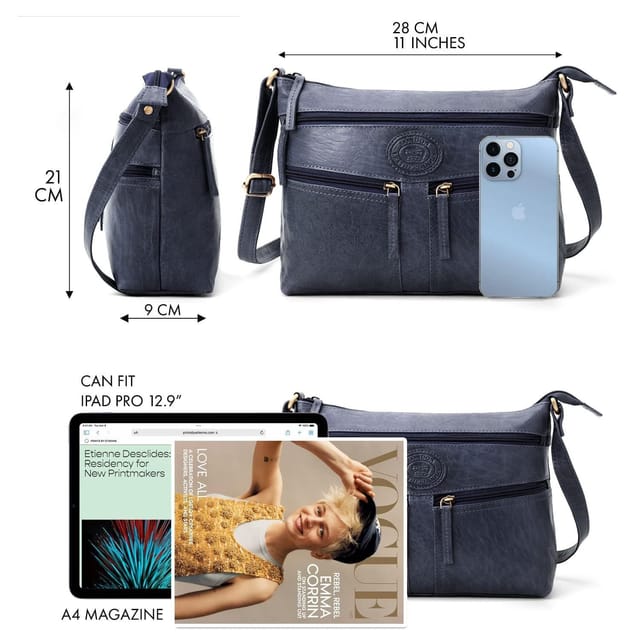 Woodland Leathers Woodland Leathers Women's Genuine Leather Multi Pocket Crossbody Soulder Bag in Navy - 3