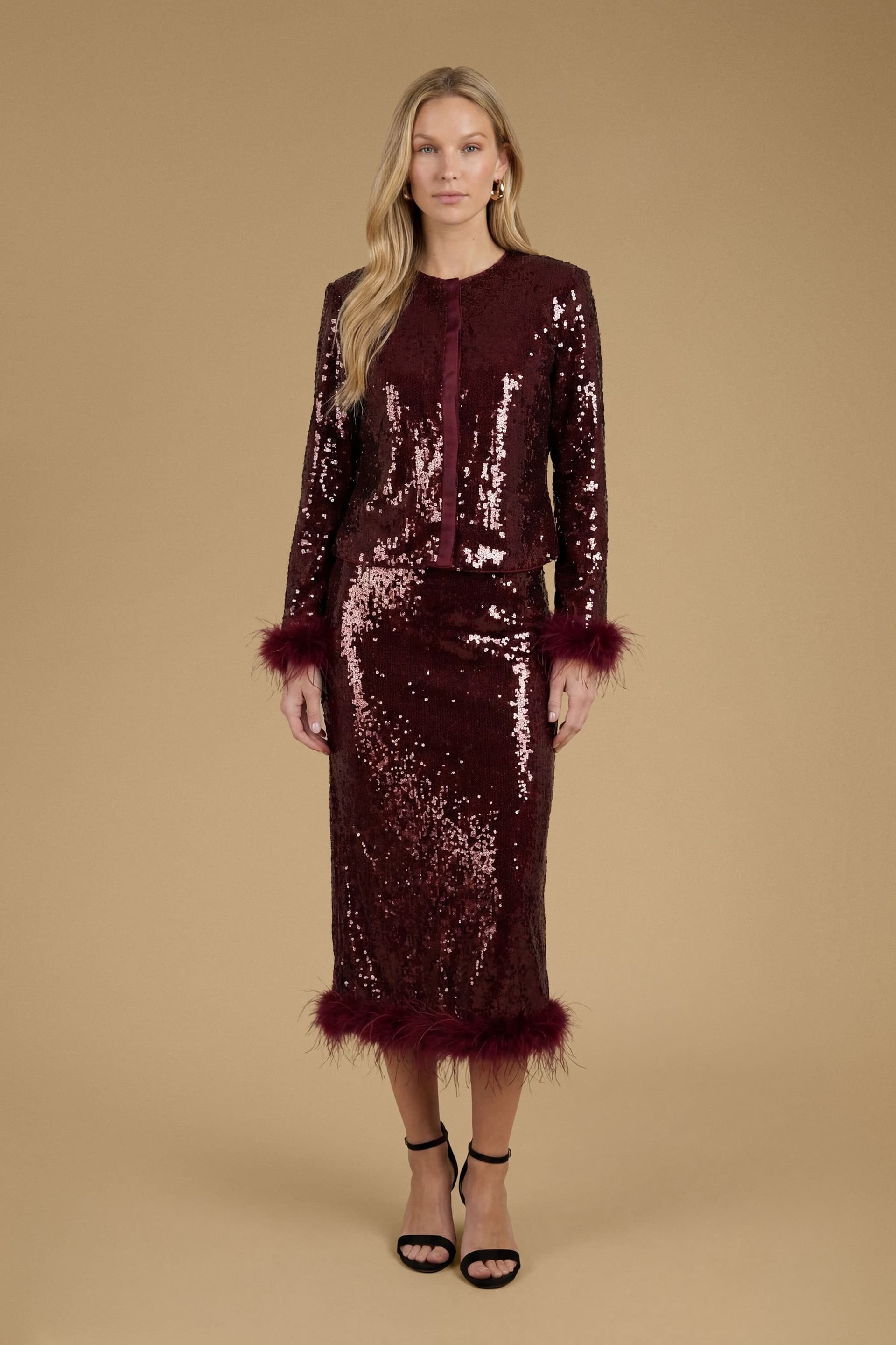 Oasis Oasis Women's Sequin Feather Trim Midi Skirt in Merlot