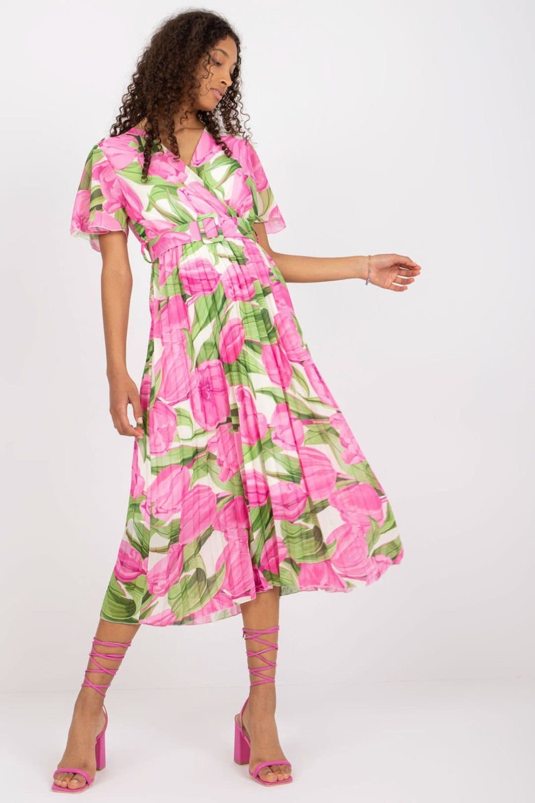 Love Lace Love Lace Women's Summer Frill Sleeve Belted Envelope Dress in Pink