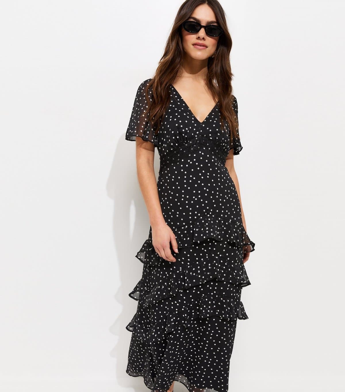 New Look Women's Petite Black Polka Dot Chiffon Tiered Tea Maxi Dress New Look