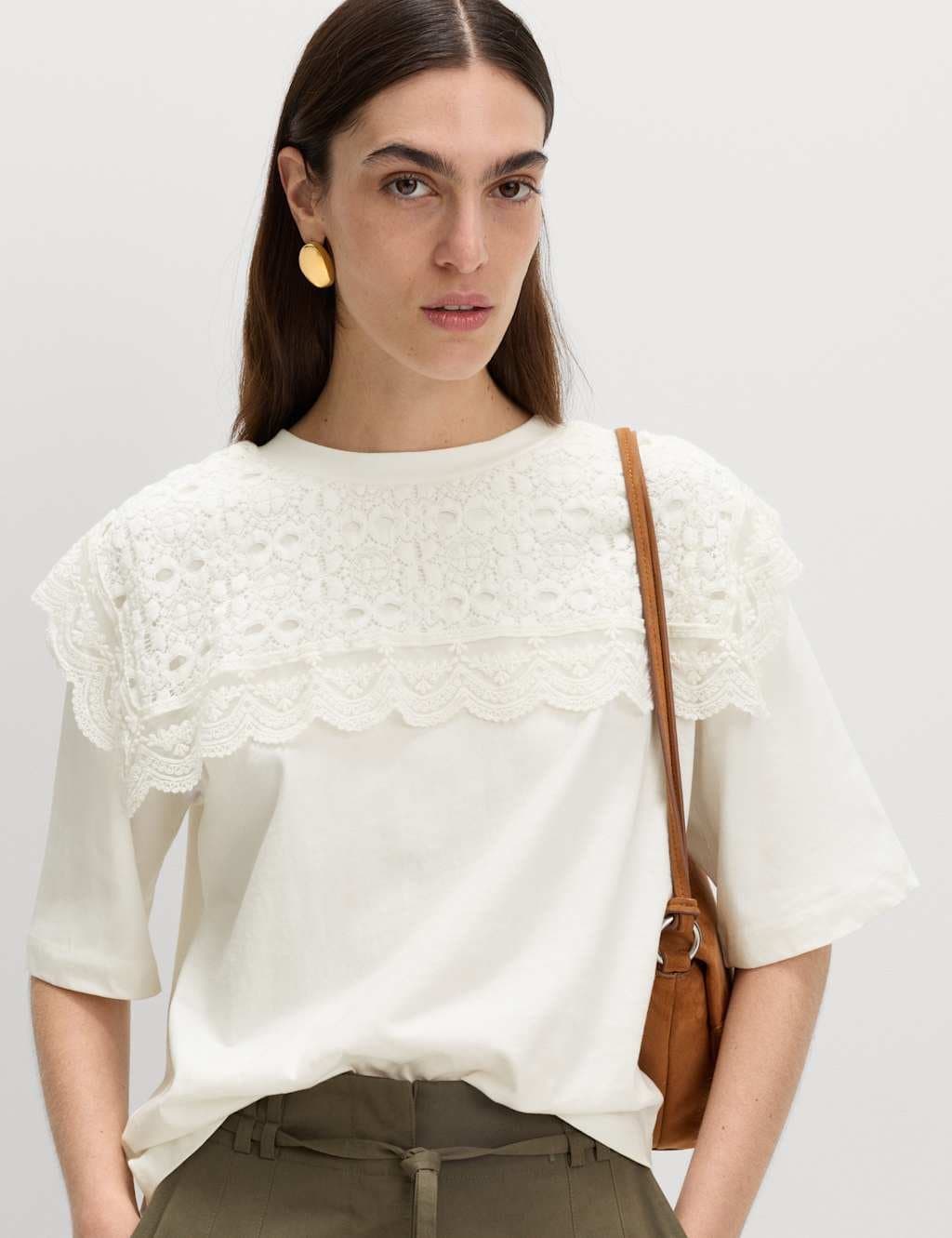 Marks & Spencer M&S Pure Cotton Lace Bib T-Shirt in Soft White