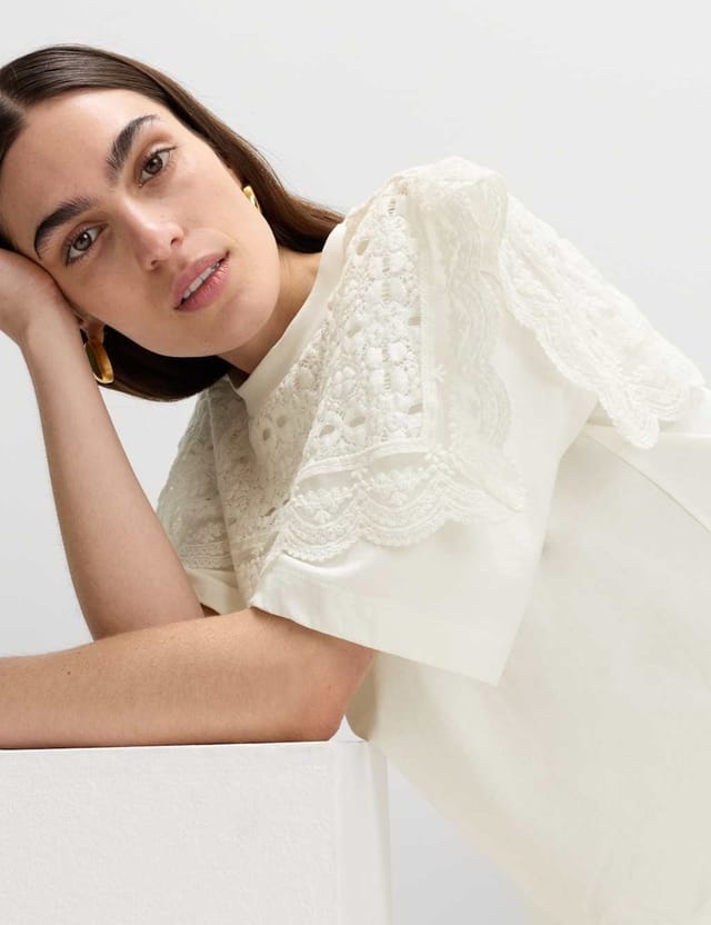 Marks & Spencer M&S Pure Cotton Lace Bib T-Shirt Soft White - 3