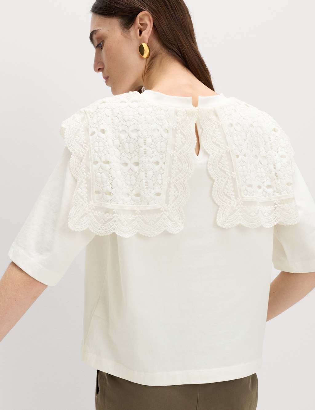Marks & Spencer M&S Pure Cotton Lace Bib T-Shirt Soft White - 4
