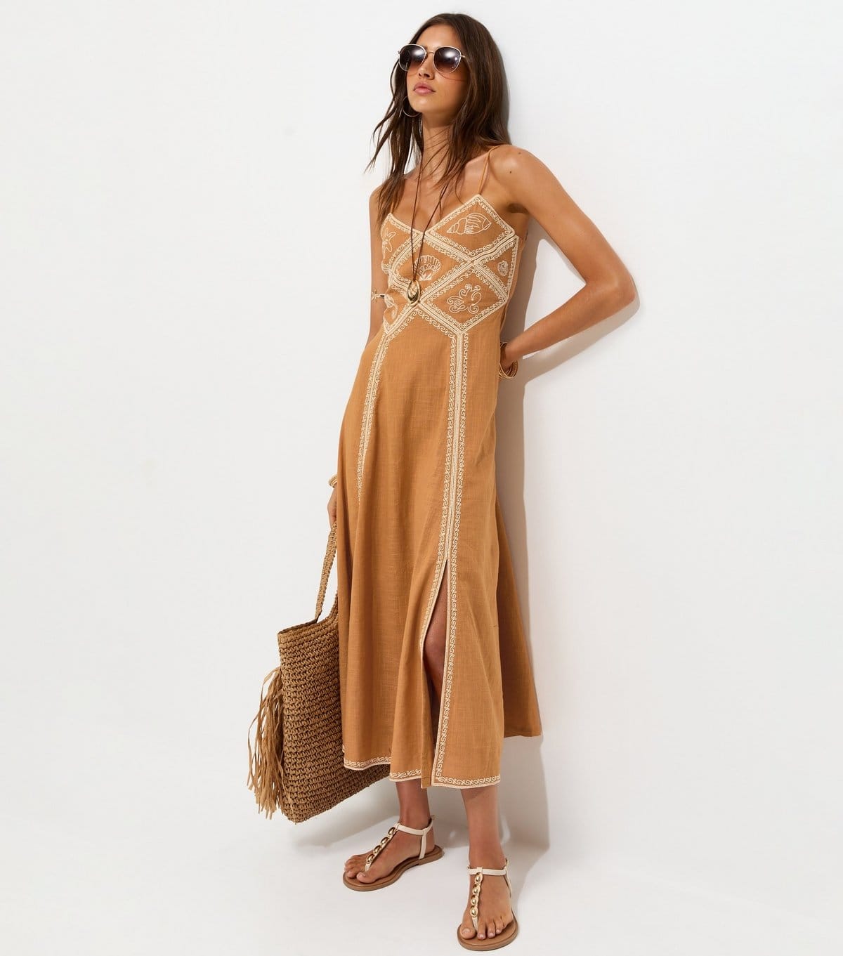 Women's Dark Yellow Shell Embroidered Strappy Midi Dress New Look