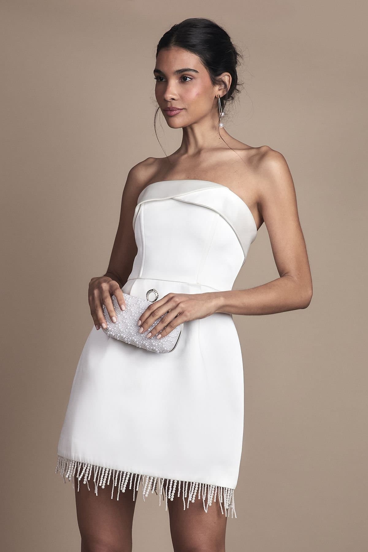 Coast Coast Women's Strapless Satin Mini Wedding Dress with Hem Pearl Trim in Ivory