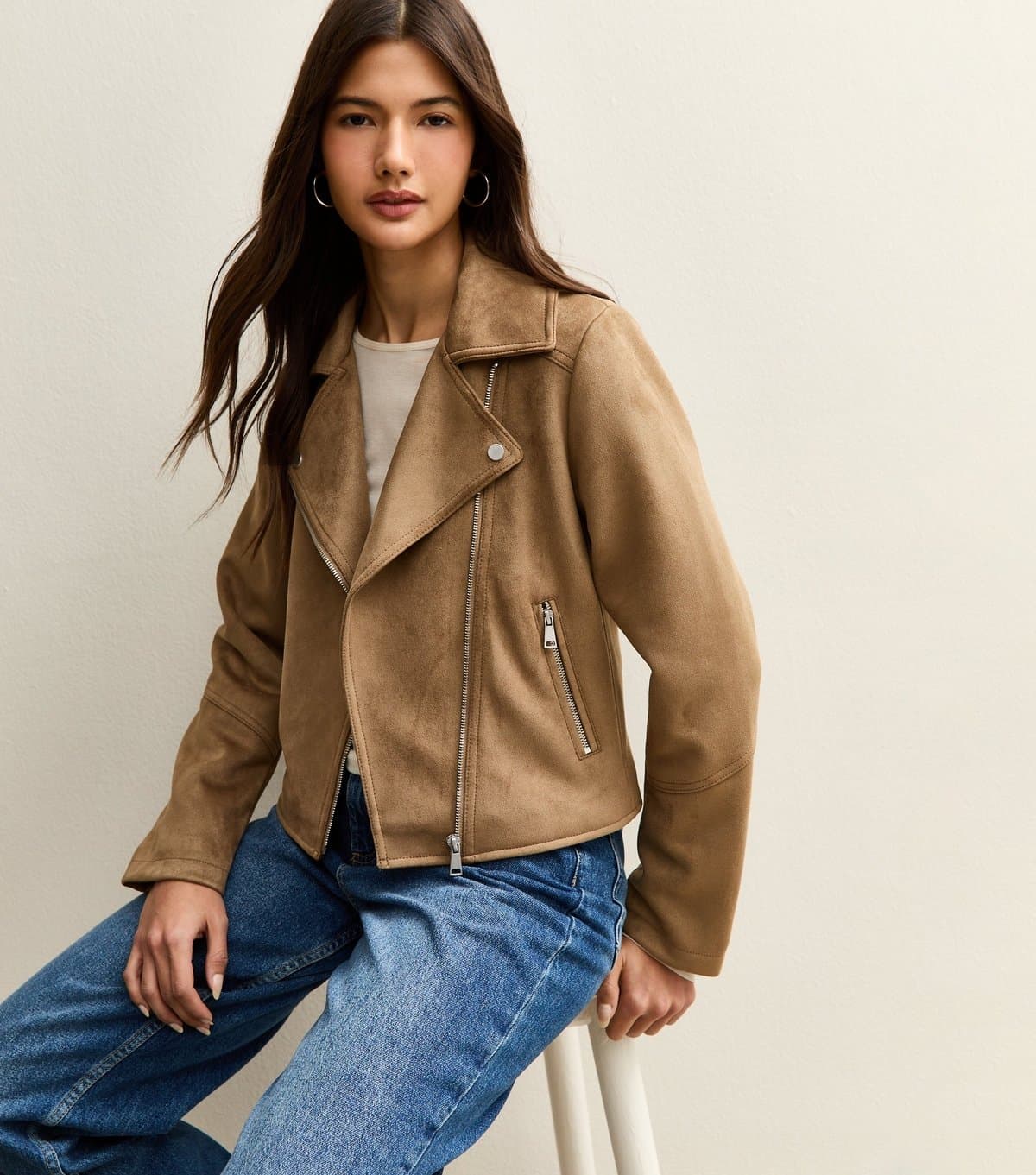 New Look Women's Tan Faux Suede Biker Jacket New Look