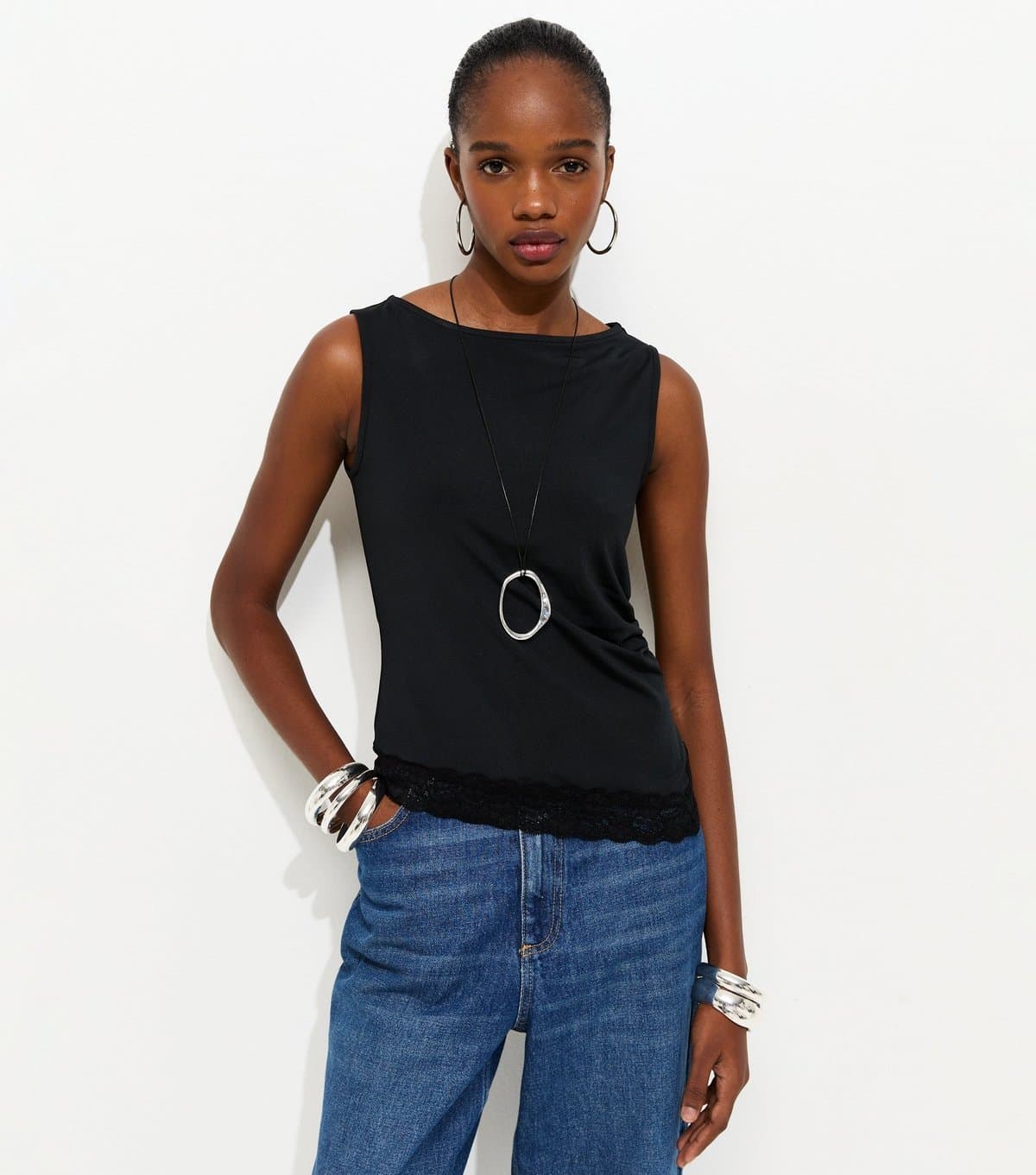 New Look Women's Black Jersey Lace Trim Asymmetric Hem Top New Look