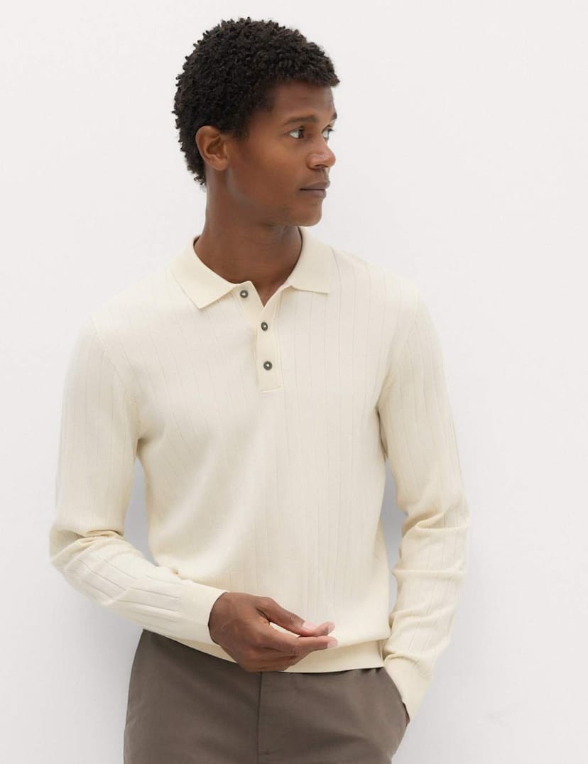 Marks & Spencer M&S Cotton Blend Smart Rib Knit Polo Shirt Ecru - 1