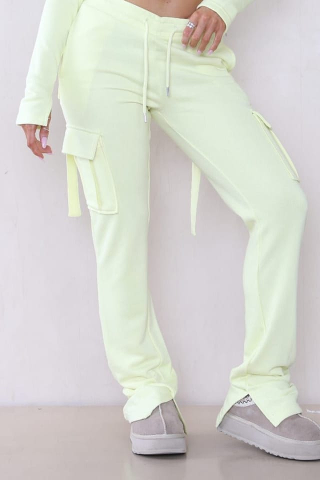 STYLEWISE STYLEWISE Women's Loopback Cropped Zip Up Hoodie - Cargo Trousers Co-ord Set in Yellow - 3