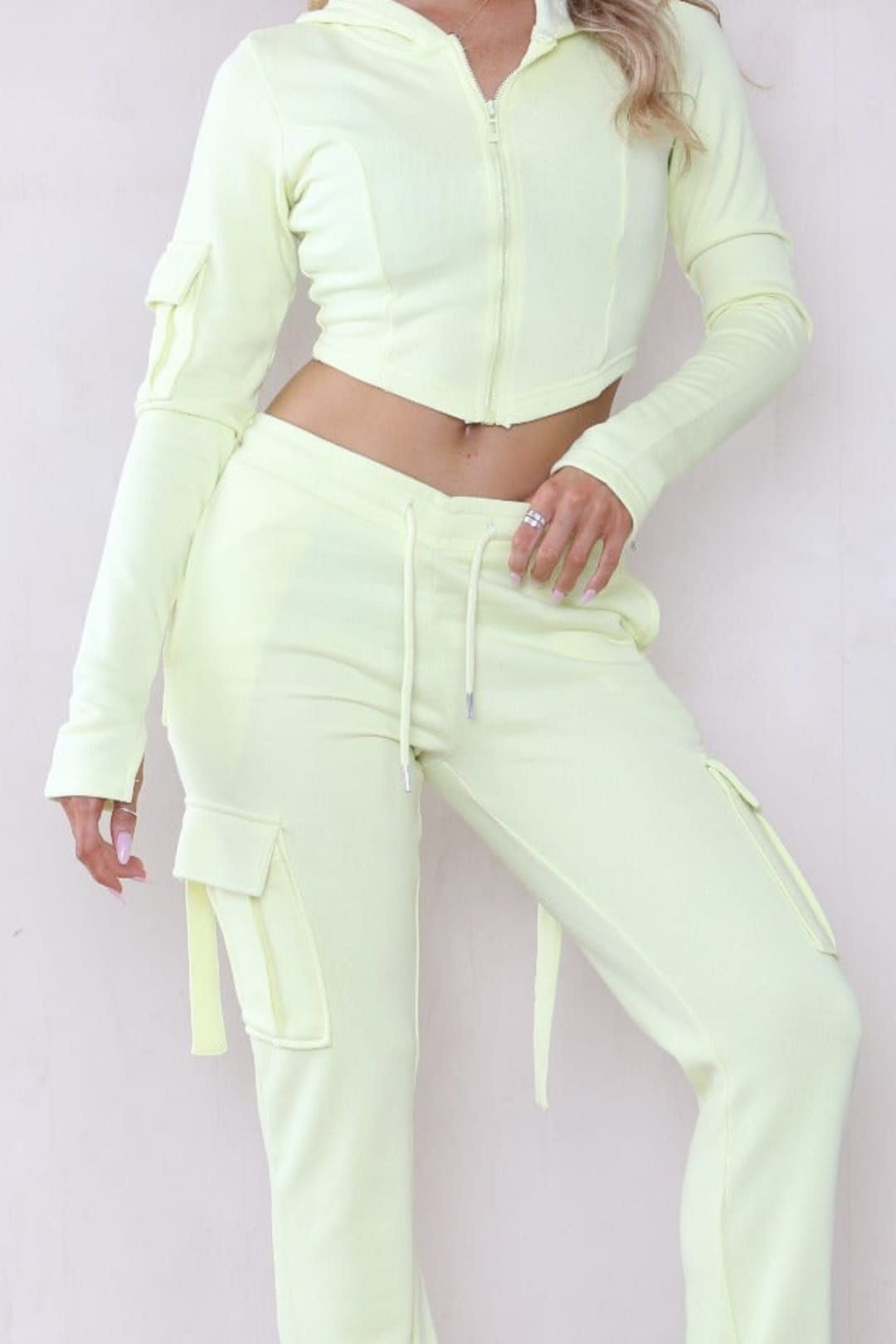 STYLEWISE STYLEWISE Women's Loopback Cropped Zip Up Hoodie - Cargo Trousers Co-ord Set in Yellow - 4