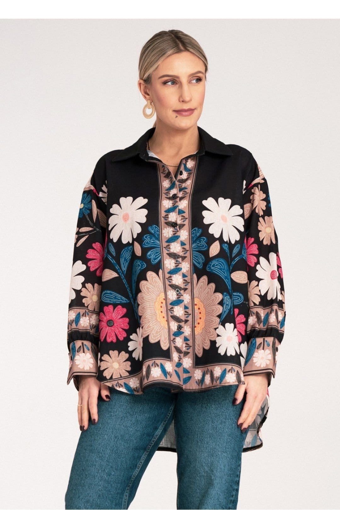 Love Lace Black Floral Oversize Long Sleeve Shirt