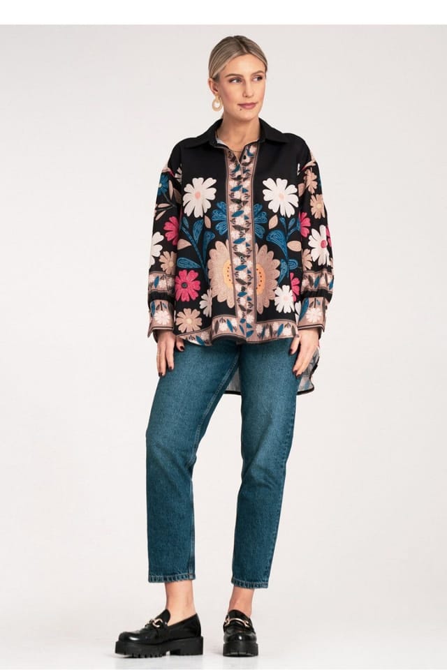 Love Lace Love Lace Women's Colorful Floral Oversize Long Sleeve Shirt in Black - 2