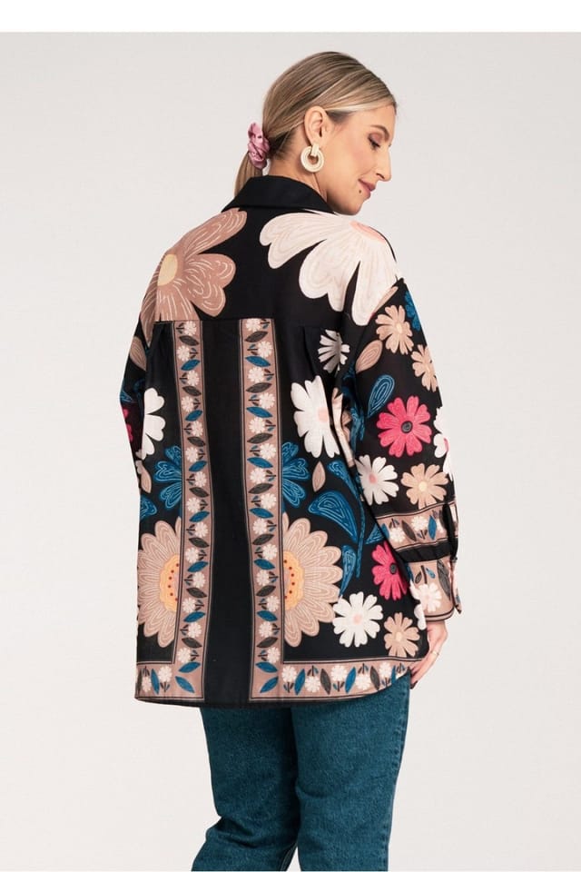 Love Lace Love Lace Women's Colorful Floral Oversize Long Sleeve Shirt in Black - 3