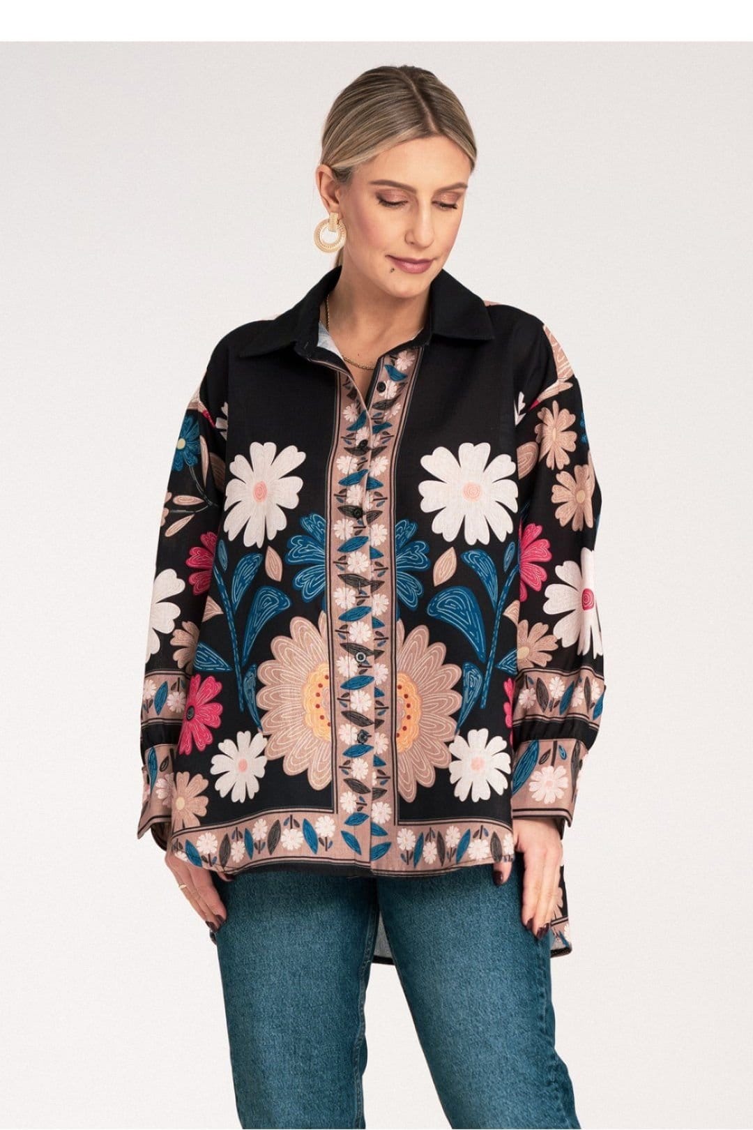Love Lace Love Lace Women's Colorful Floral Oversize Long Sleeve Shirt in Black - 4