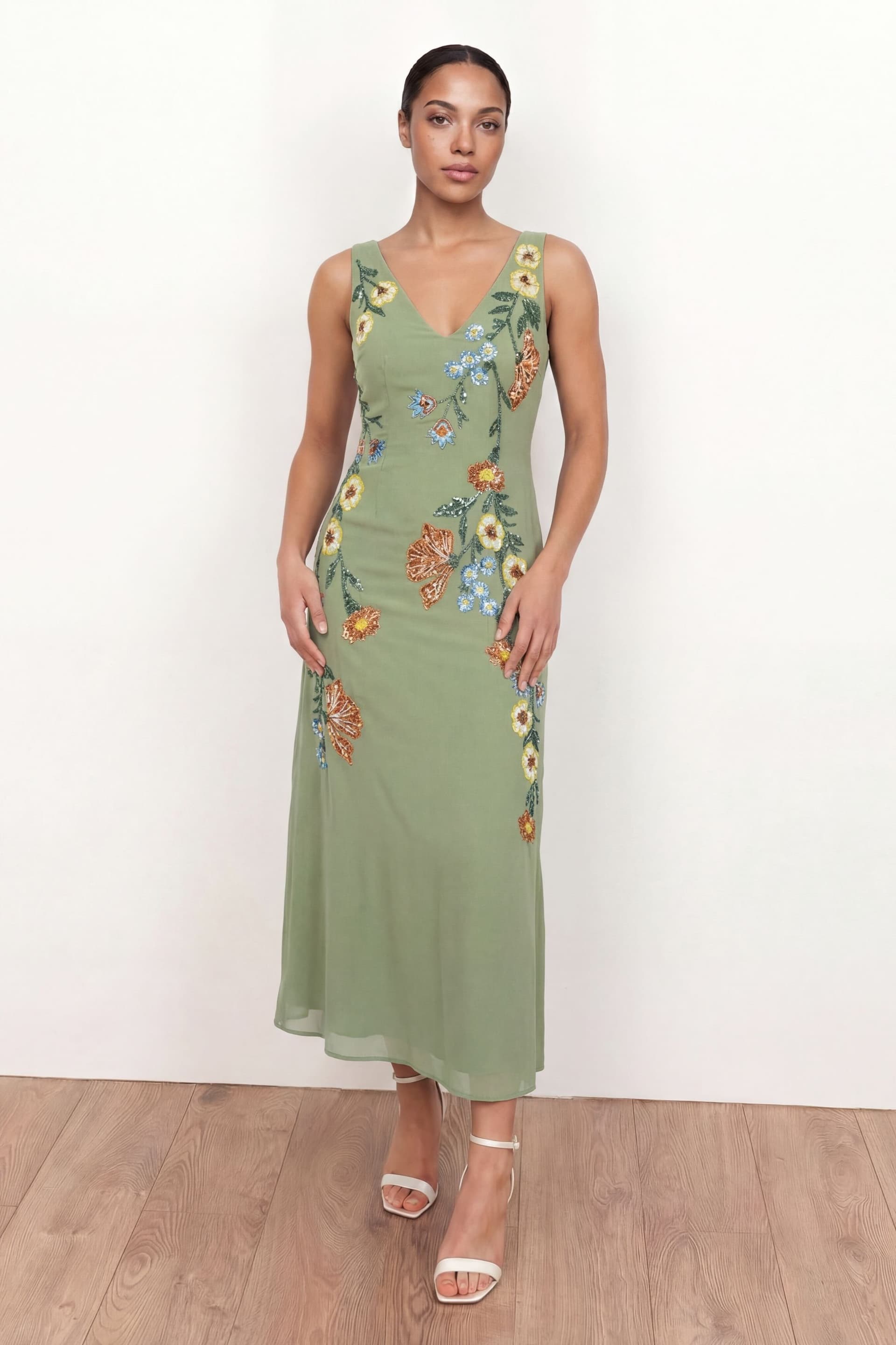 Maya Deluxe Maya Deluxe Women's Flower Embellished Tie Back Midaxi Slip Dress in Olive