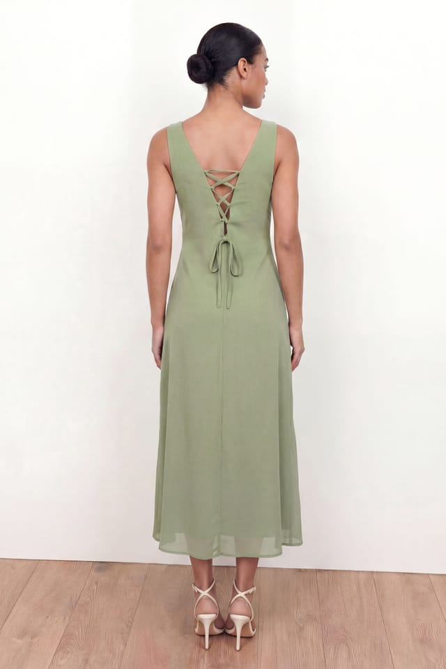 Maya Deluxe Maya Deluxe Women's Flower Embellished Tie Back Midaxi Slip Dress in Olive - 2