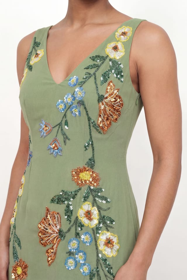 Maya Deluxe Maya Deluxe Women's Flower Embellished Tie Back Midaxi Slip Dress in Olive - 3