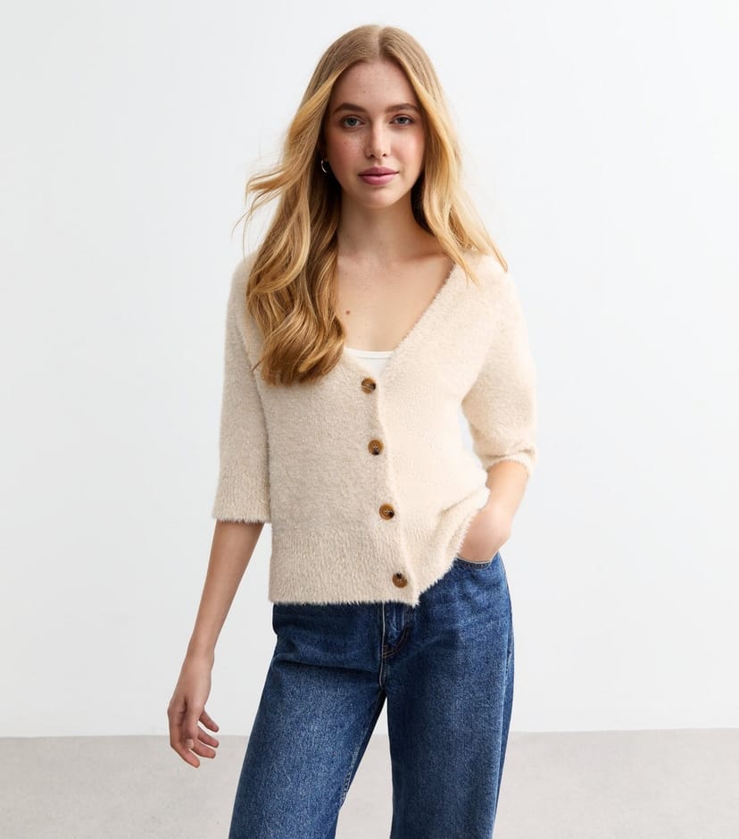 Sunshine Soul Women's Cream Sparkly Knitted Cardigan Sunshine Soul New Look - 1