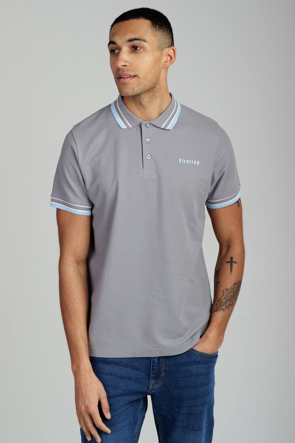Firetrap Firetrap Men's Regular Fit Cotton Button Polo Shirt with Contrast Trim in Dark Grey - 2