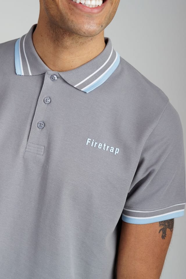 Firetrap Firetrap Men's Regular Fit Cotton Button Polo Shirt with Contrast Trim in Dark Grey - 3