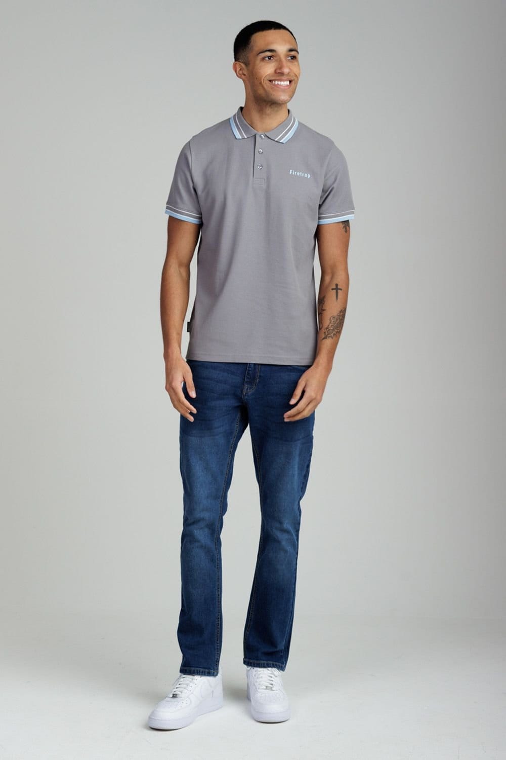 Firetrap Firetrap Men's Regular Fit Cotton Button Polo Shirt with Contrast Trim in Dark Grey - 4