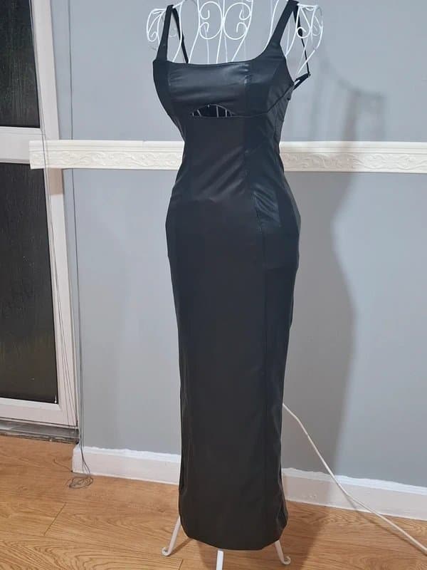 Bershka Listing Title: Bershka Black Faux Leather Cut-Out Midi Dress - Size S, Excellent Condition