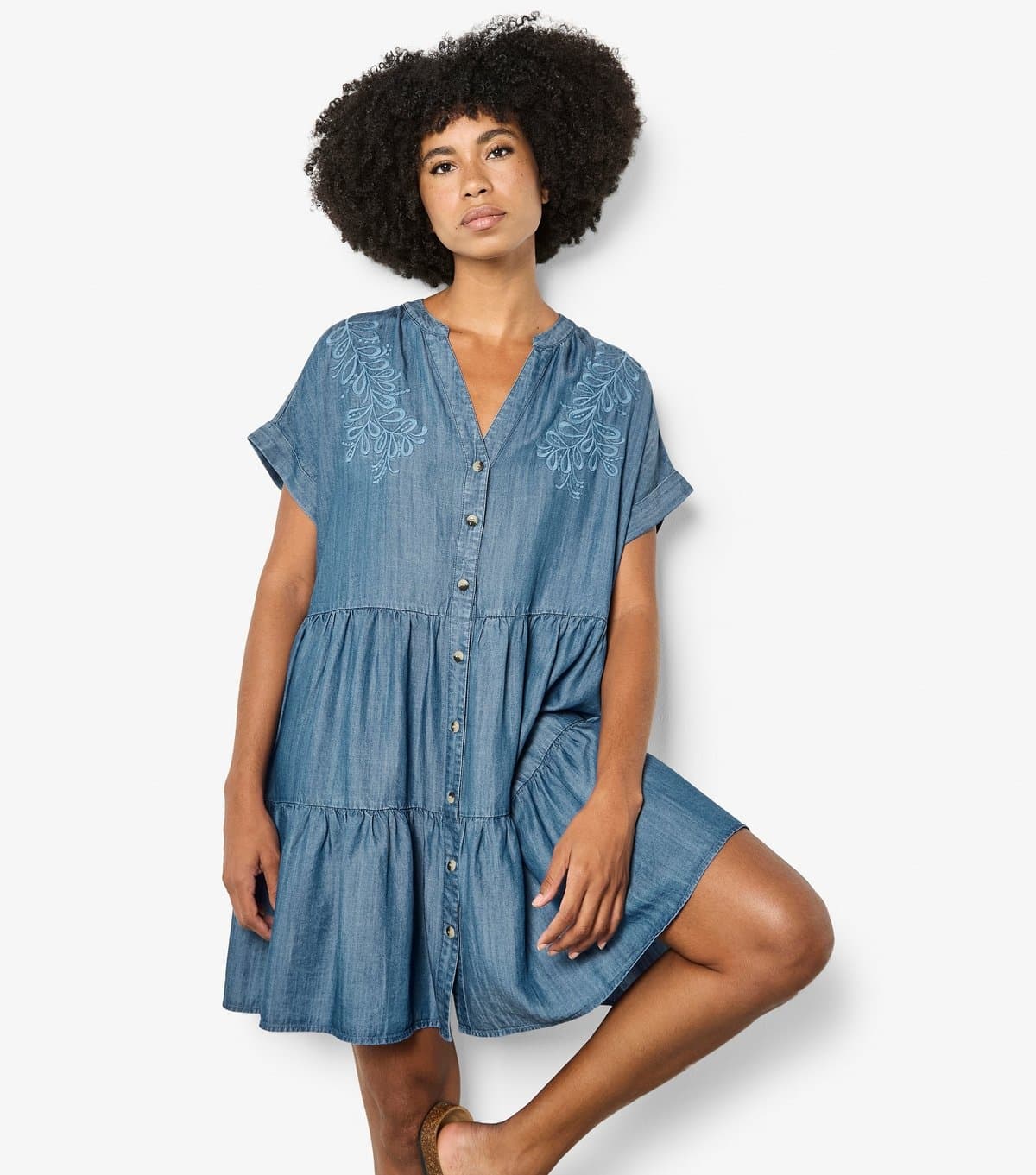 Apricot Women's Blue Chambray Embroidered Tiered Mini Dress Apricot New Look