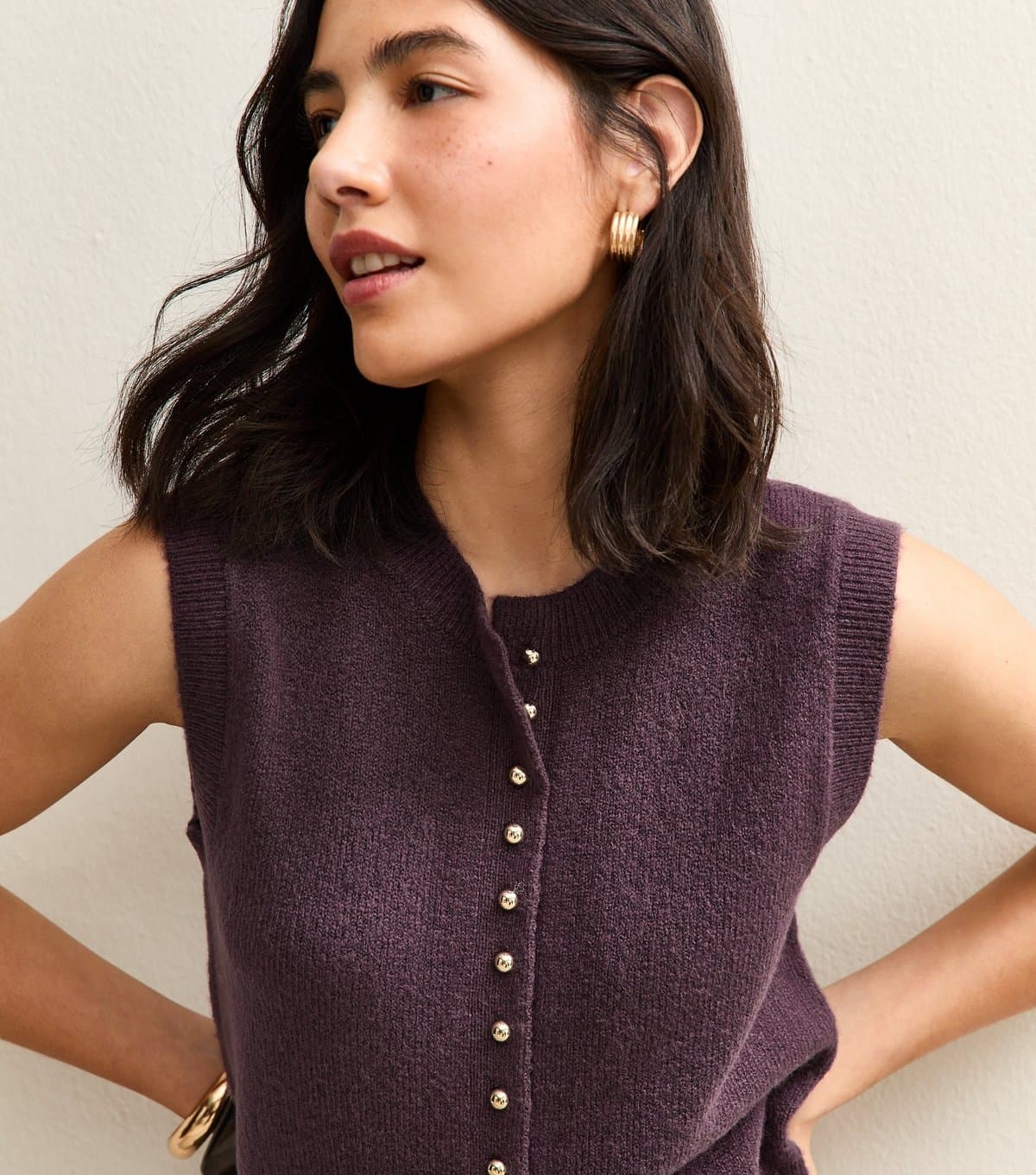 New Look New Look Light Purple Crew Neck Contrast Button Knit Waistcoat