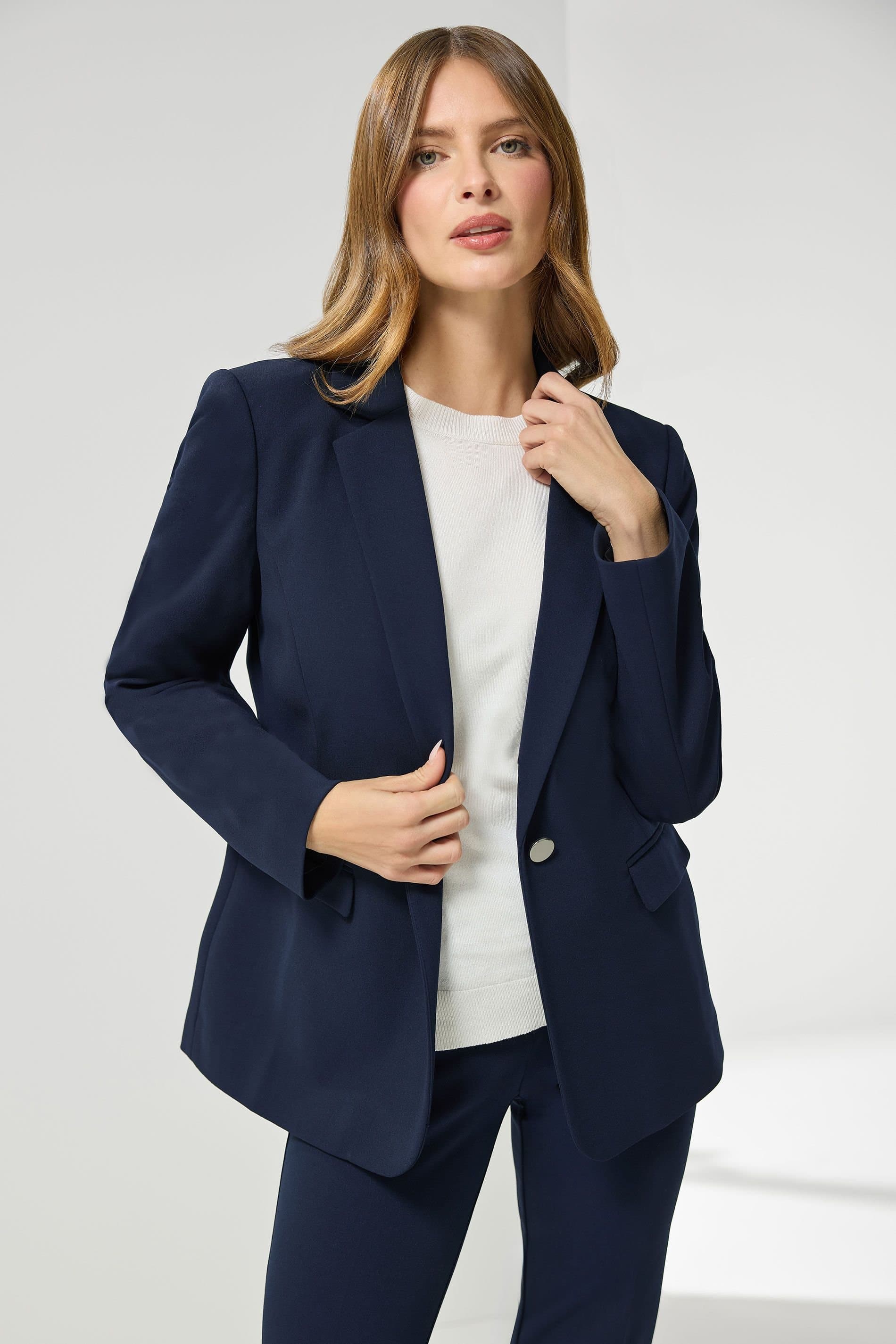 M&Co M&Co Women's Button Front Tailored Blazer In Mid Navy