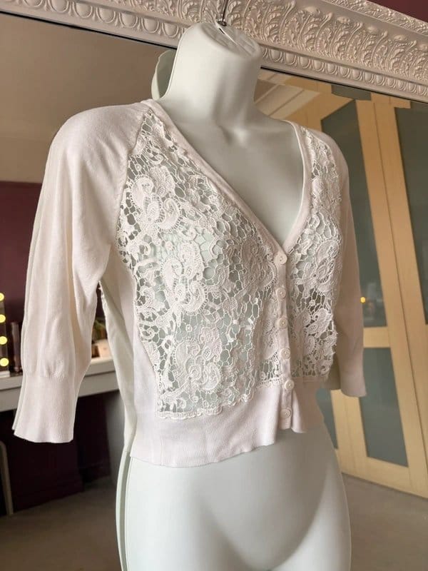 Warehouse Cream Crochet Lace Cropped Cardigan