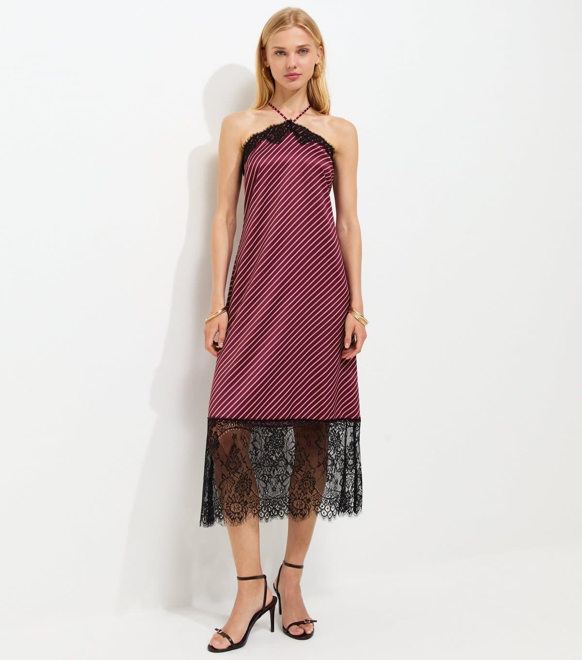 New Look Women's Pink Satin Striped Lace Trim Halterneck Midaxi Dress New Look