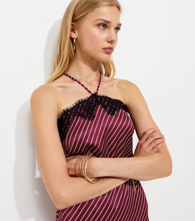 New Look Women's Pink Satin Striped Lace Trim Halterneck Midaxi Dress New Look - 2