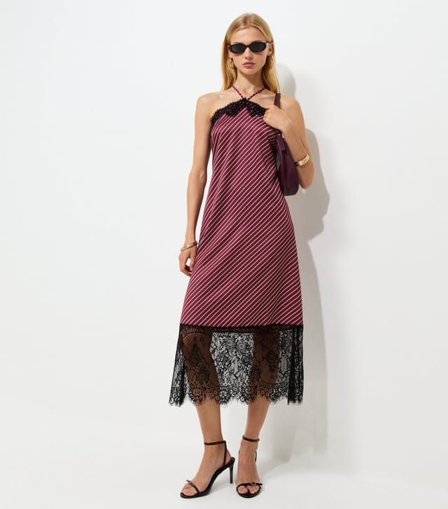 New Look Women's Pink Satin Striped Lace Trim Halterneck Midaxi Dress New Look - 3