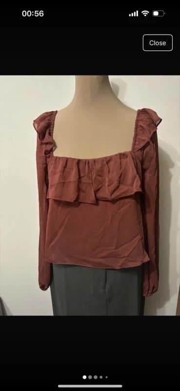 ASOS Design rusty brown terracotta sheer milkmaid frill ruffle long sleeve top blouse size S