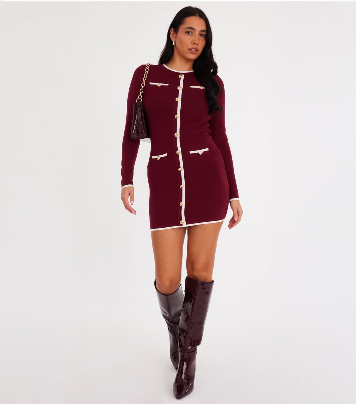 Quiz Women's Dark Red Knit Contrast Dress Quiz New Look