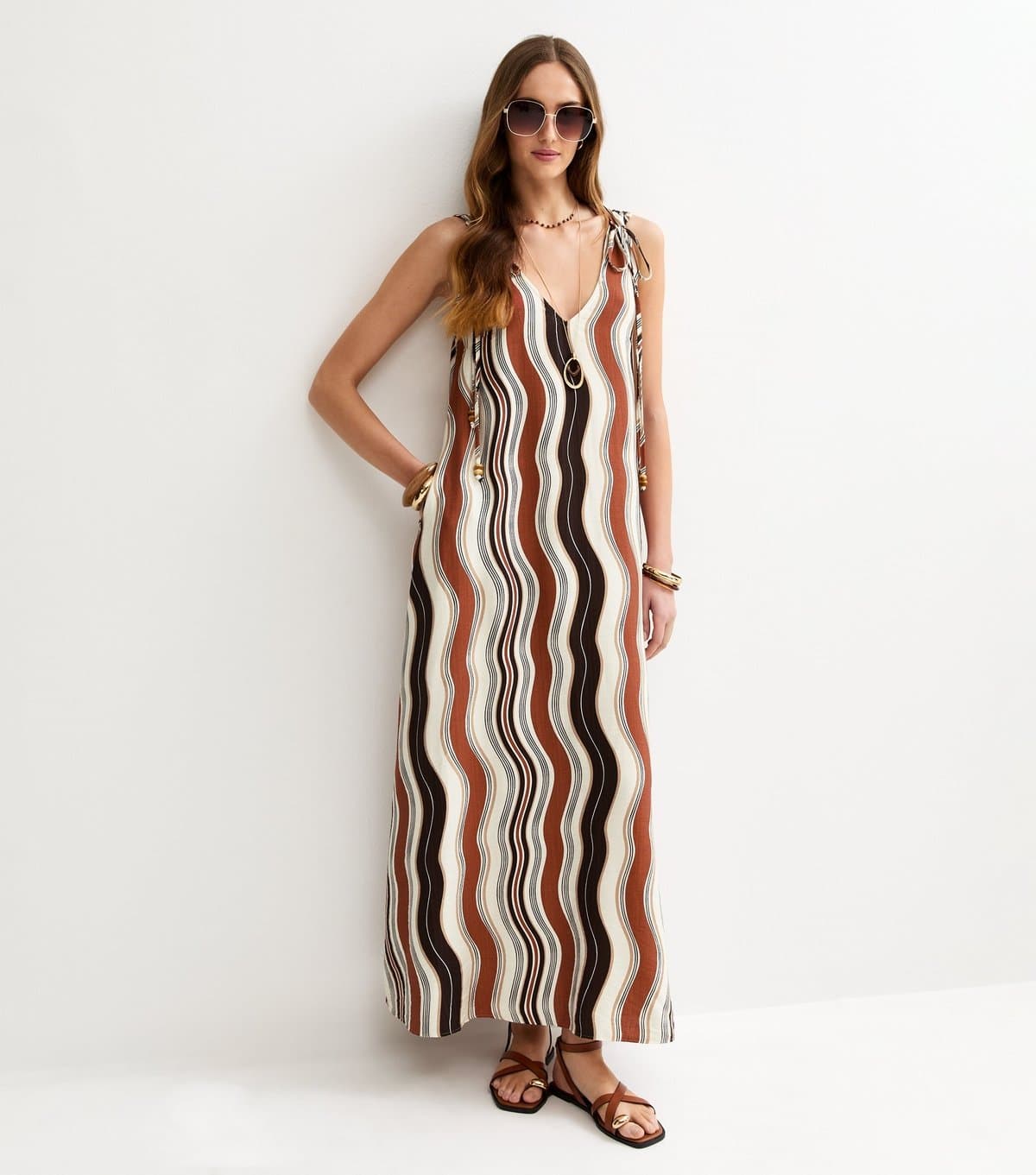 New Look Women's Tall Brown Waves Ruched Shoulder Smock Midi Dress New Look