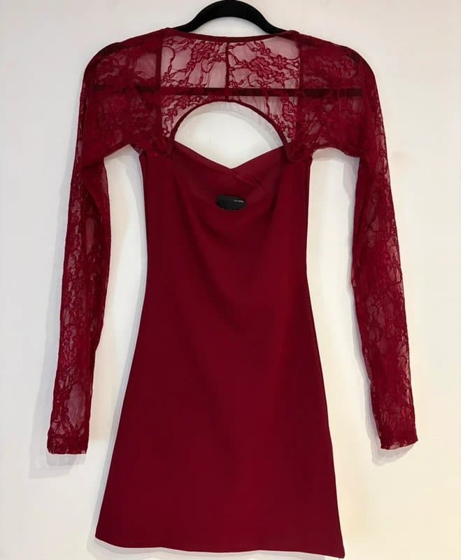 ASOS Design ASOS Design Long Lace Sleeves Cut Out Cutaway Sweetheart Neck Mini Dress Burgundy UK 4/6
