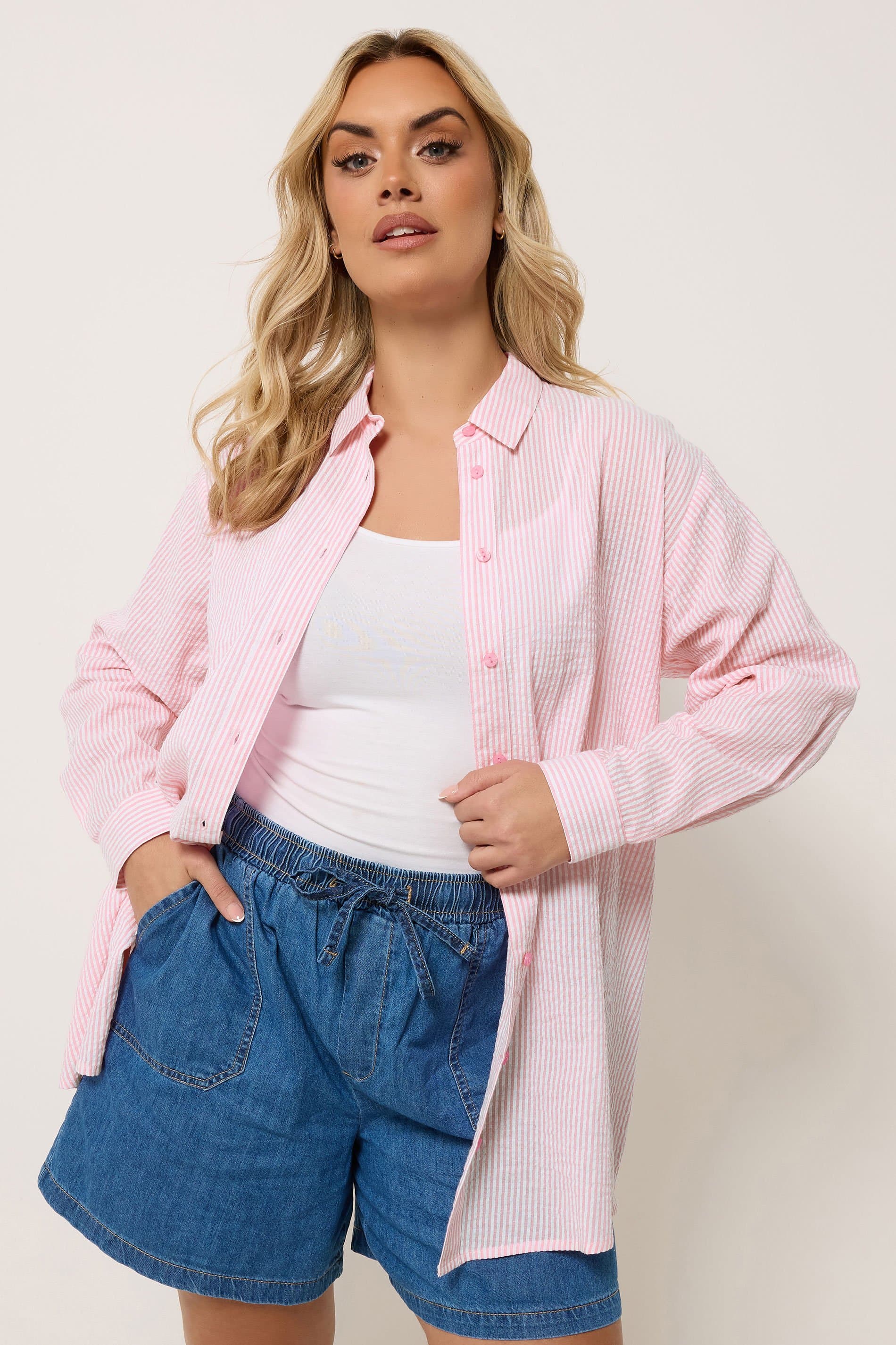 Yours Plus Size Pink Stripe Textured Shirt