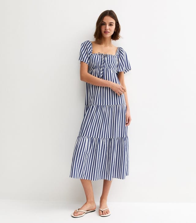 New Look Women's Blue and White Crepe Stripe Tiered Midi Dress New Look - 3