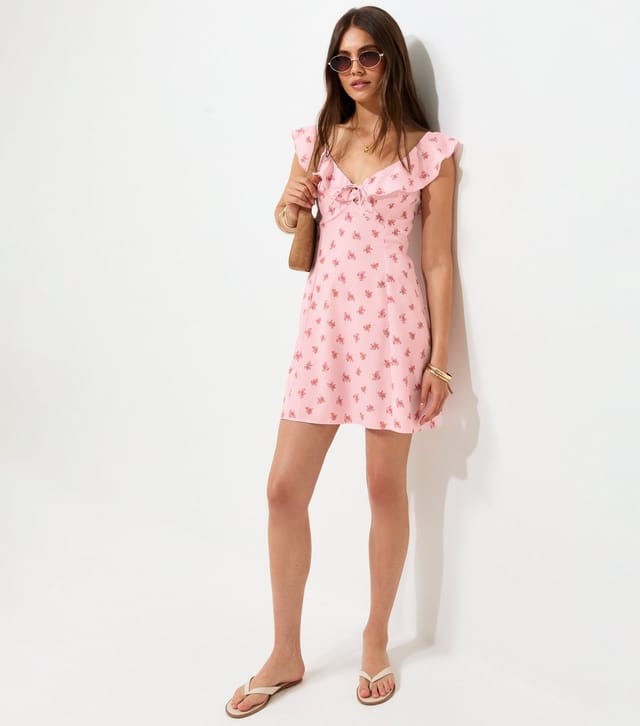 New Look Women's Pink Crepe Ditsy Print Ruffle Trim Mini Dress New Look - 3