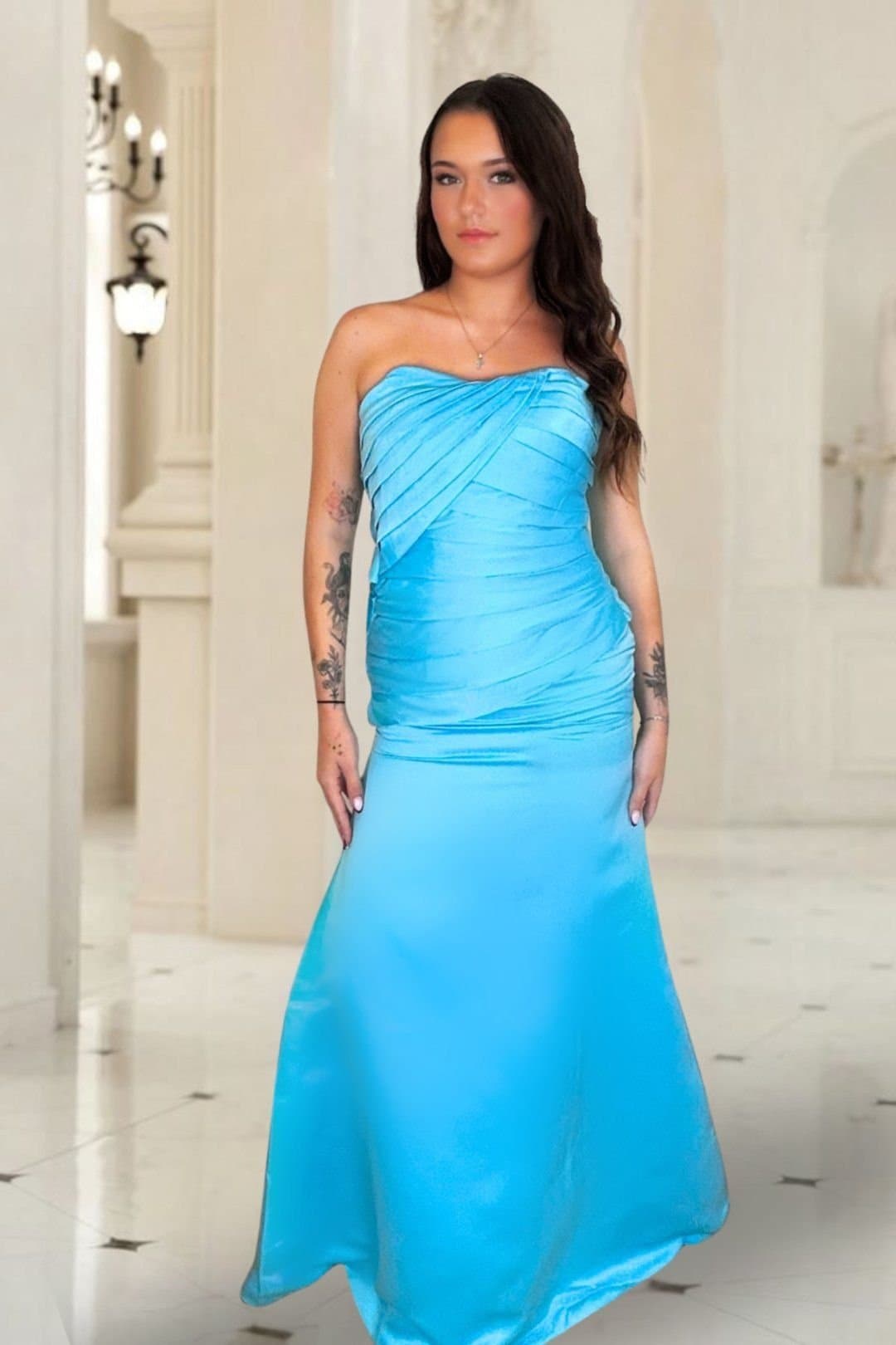 Marco Paul Marco Paul Women's Ice Blue Satin Fitted Strapless Bridesmaid Dress