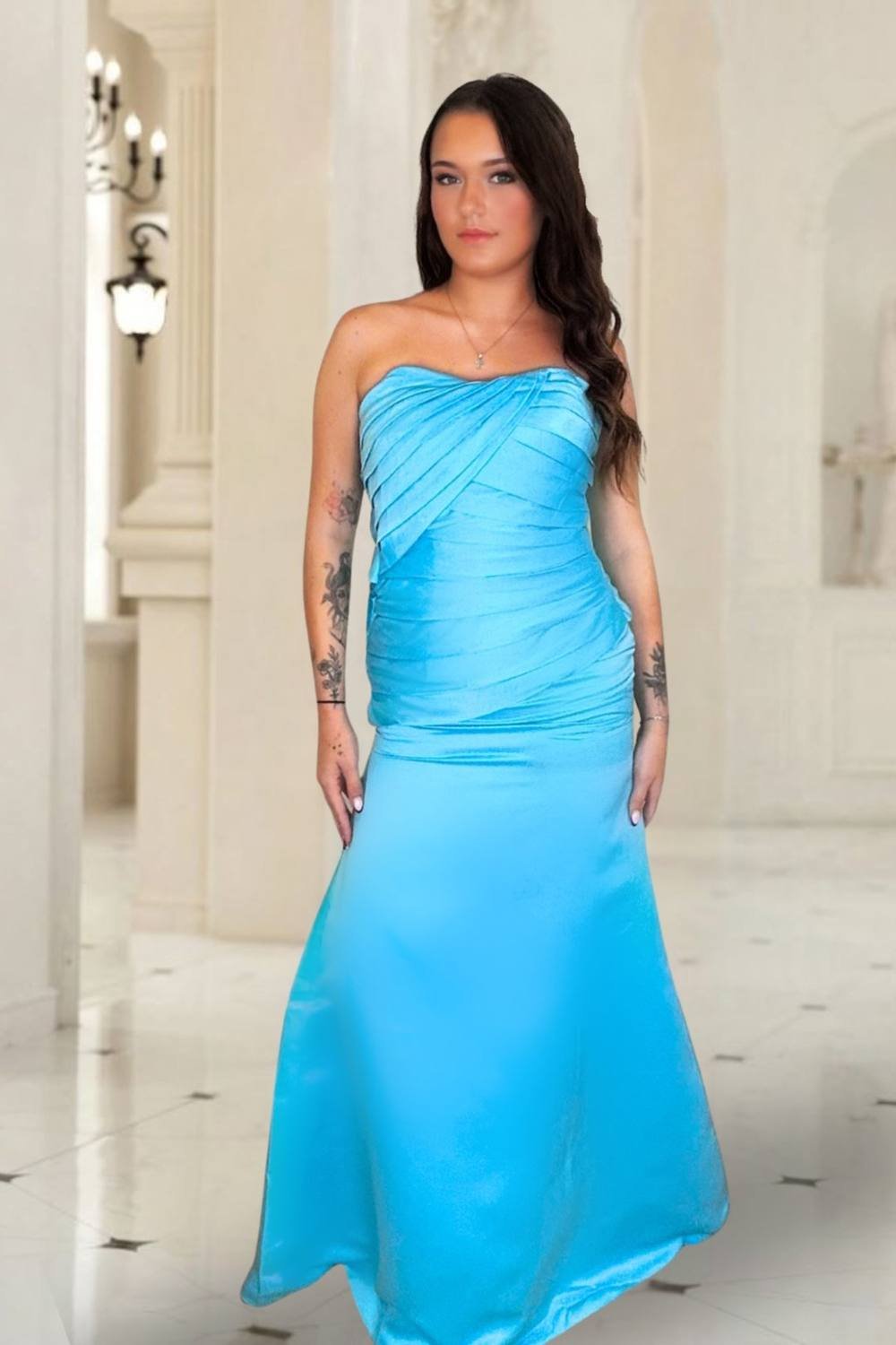 Marco Paul Marco Paul Women's Ice Blue Satin Fitted Strapless Bridesmaid Dress - 2