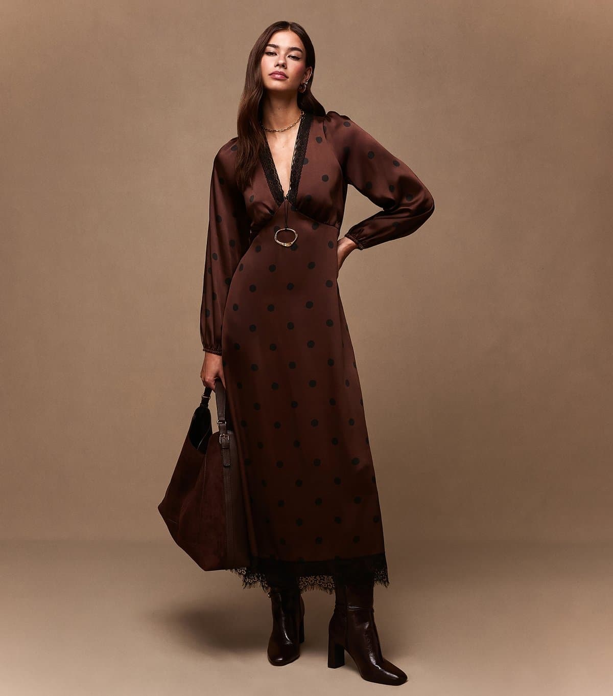 New Look Women's Dark Brown Polka Dot Tea Midi Dress New Look