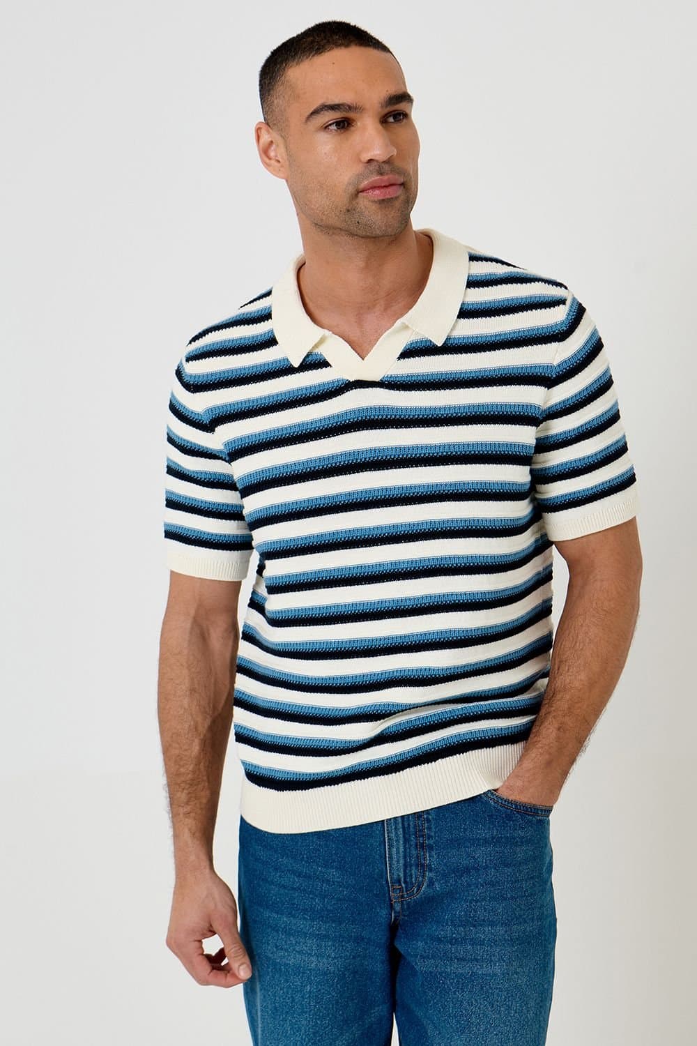 Threadbare Threadbare Men's Textured Stripe Knitted Trophy Neck Polo in Natural