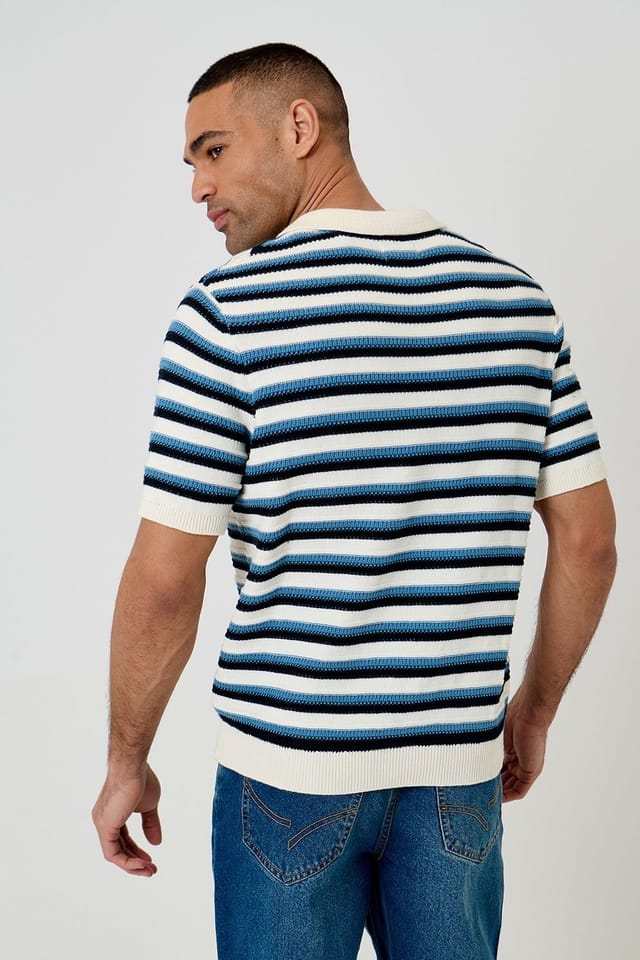 Threadbare Threadbare Men's Textured Stripe Knitted Trophy Neck Polo in Natural - 2