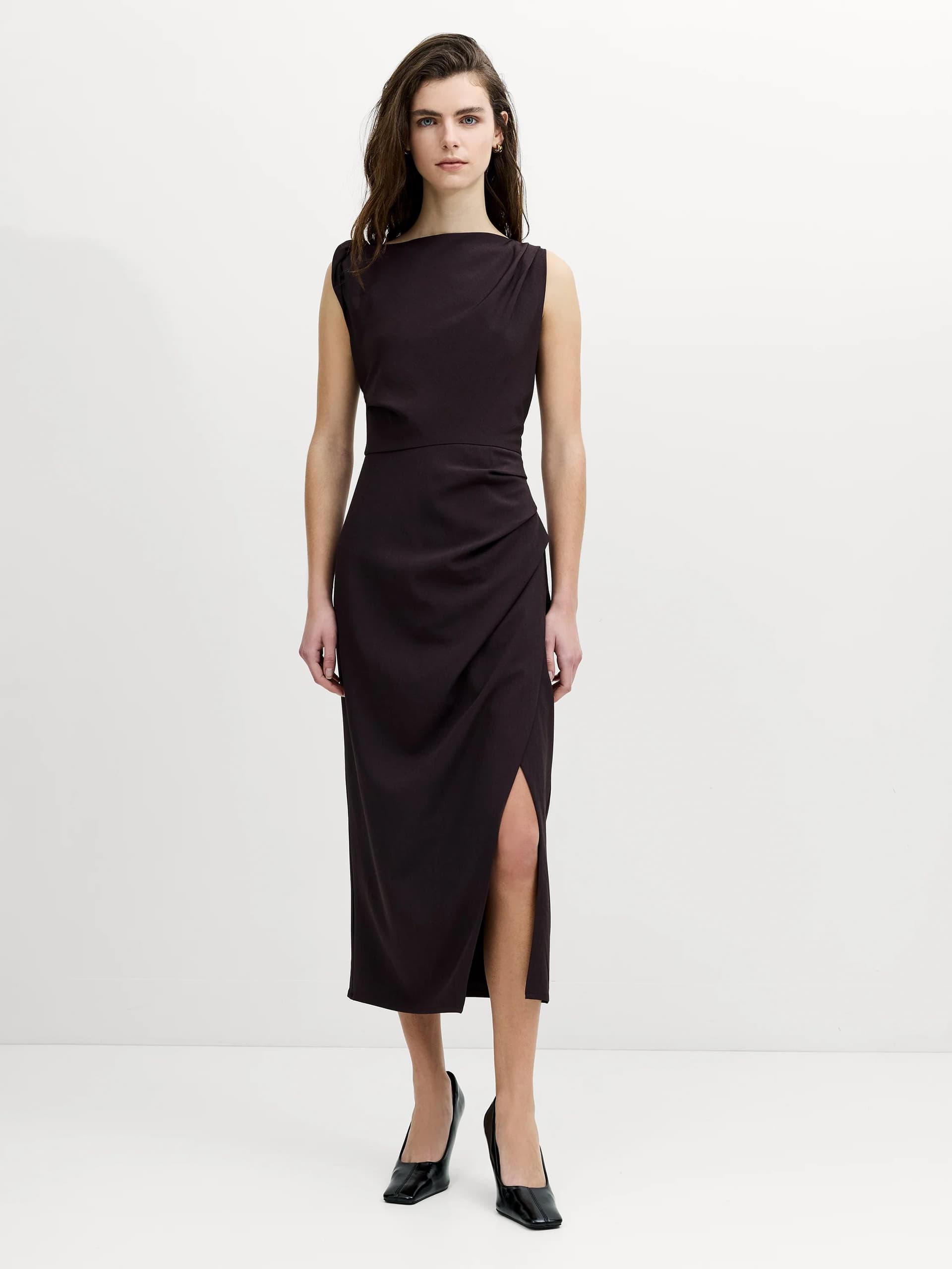 French Connection Carley Brown Sleeveless Draped Midi Dress Mocha Brown