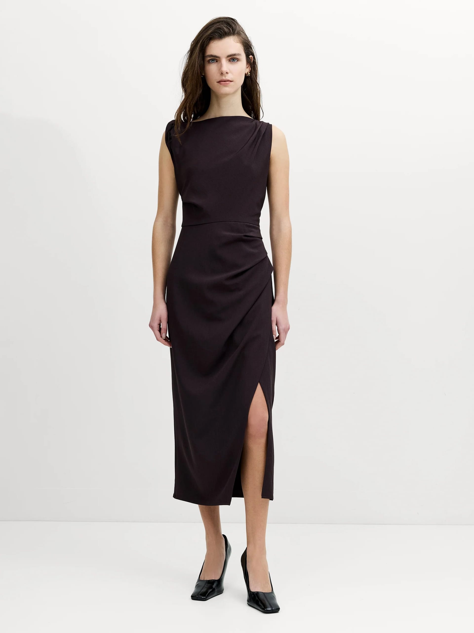 French Connection Mocha Brown Sleeveless Draped Midi Dress
