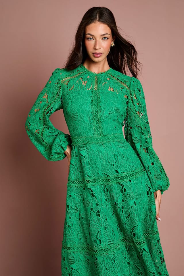 Coast Coast Women's Lace Panelled Long Sleeve Dress in Green - 2