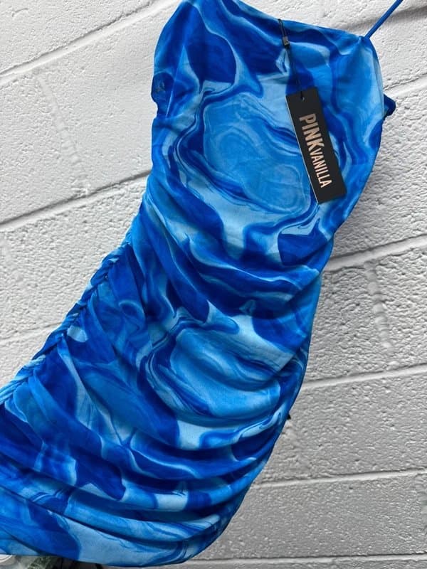 Pink Vanilla Pink Vanilla Women's Mesh Marble Ruched Cami Mini Dress Blue UK 10 New